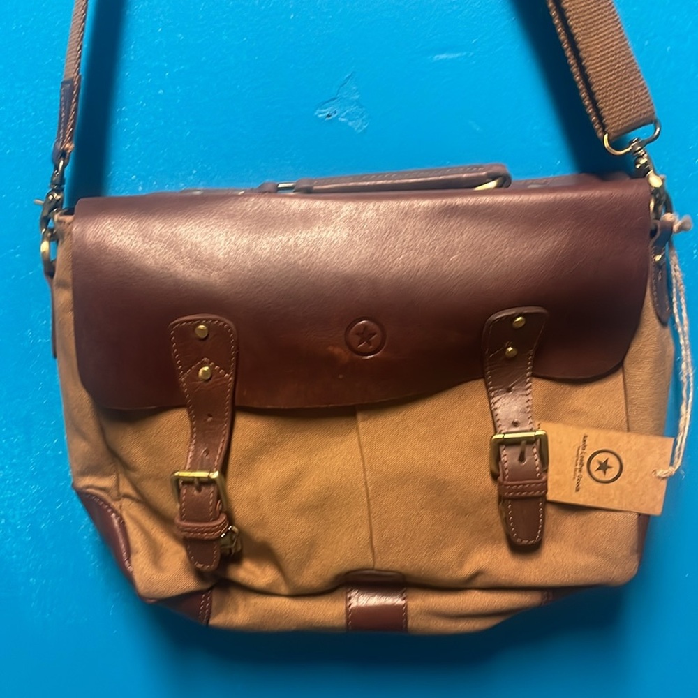 NWT Aaron Leather Goods 14.5” handmade brown genuine leather canvas laptop bag